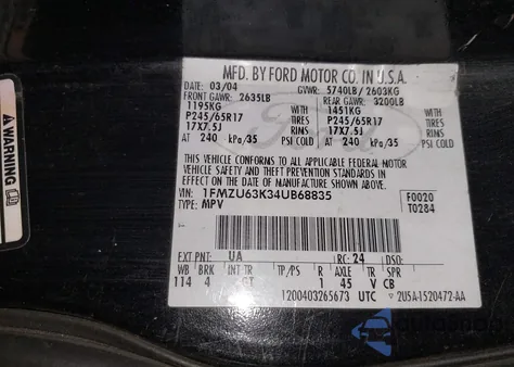 2004 Ford Explorer Xlt из США, поврежденный, VIN 1FMZU63K34UB68835